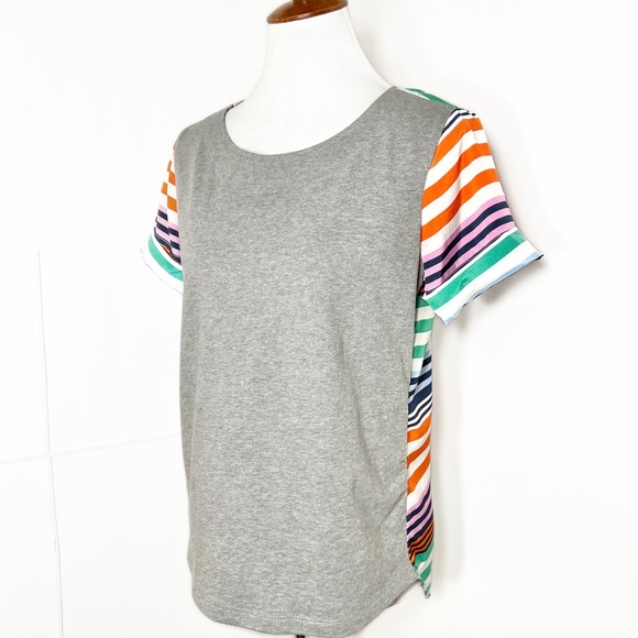 Anthropologie Mixed Media Colorful Stripe Gray Short Sleeve Knit Top - Picture 6 of 10